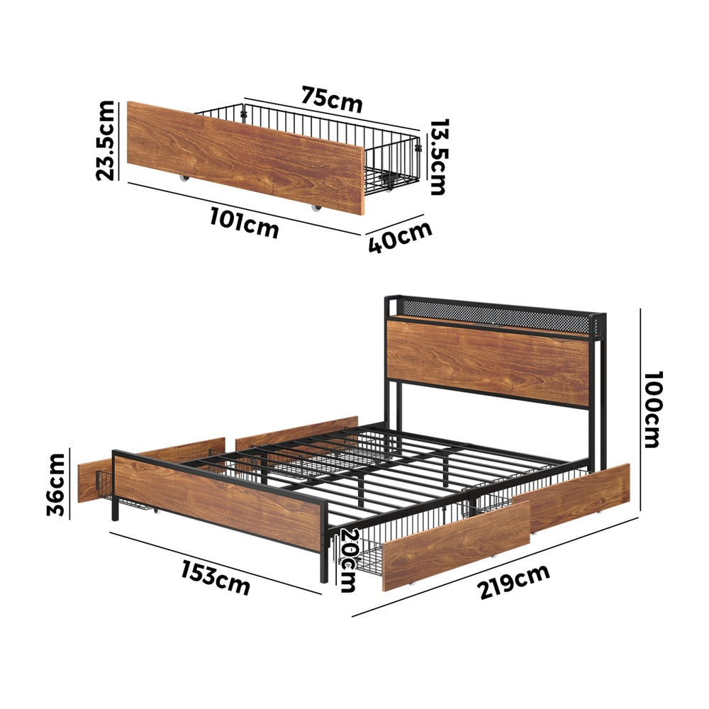 Oikiture Metal Bed Frame Queen Size LED Headboard 4 Storage Drawers USB