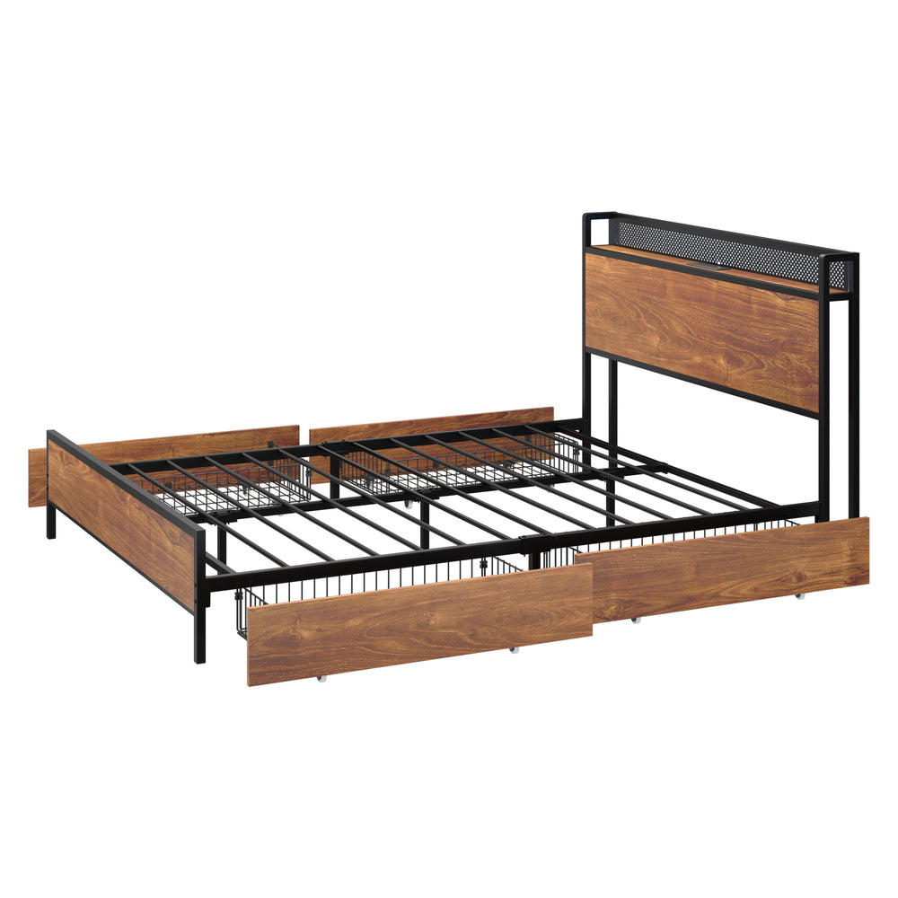 Oikiture Metal Bed Frame Queen Size LED Headboard 4 Storage Drawers USB