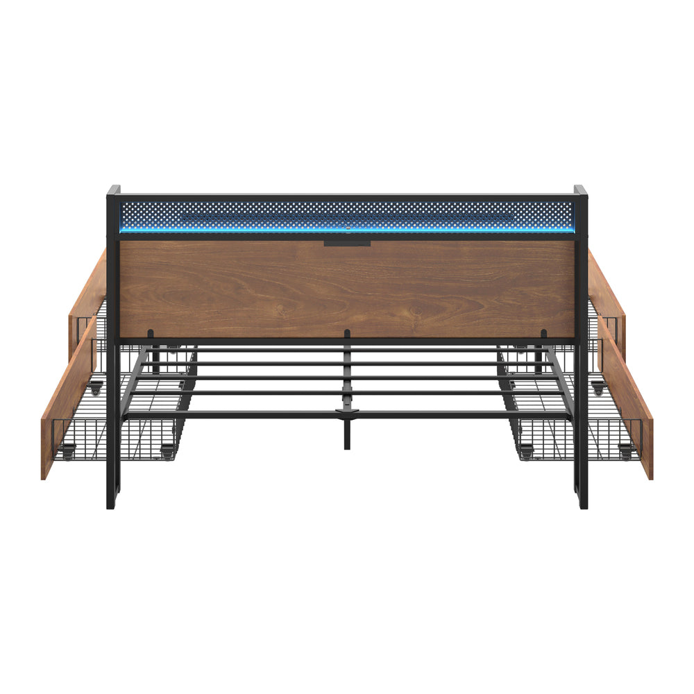 Oikiture Metal Bed Frame Queen Size LED Headboard 4 Storage Drawers USB