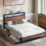 Oikiture Metal Bed Frame Double LED Storage Headboard USB Charging & 2 Drawers