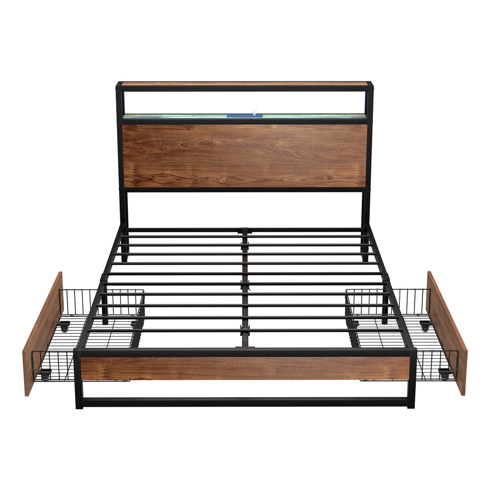 Oikiture Metal Bed Frame Double LED Storage Headboard USB Charging & 2 Drawers