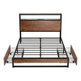 Oikiture Metal Bed Frame Double LED Storage Headboard USB Charging & 2 Drawers - Front View