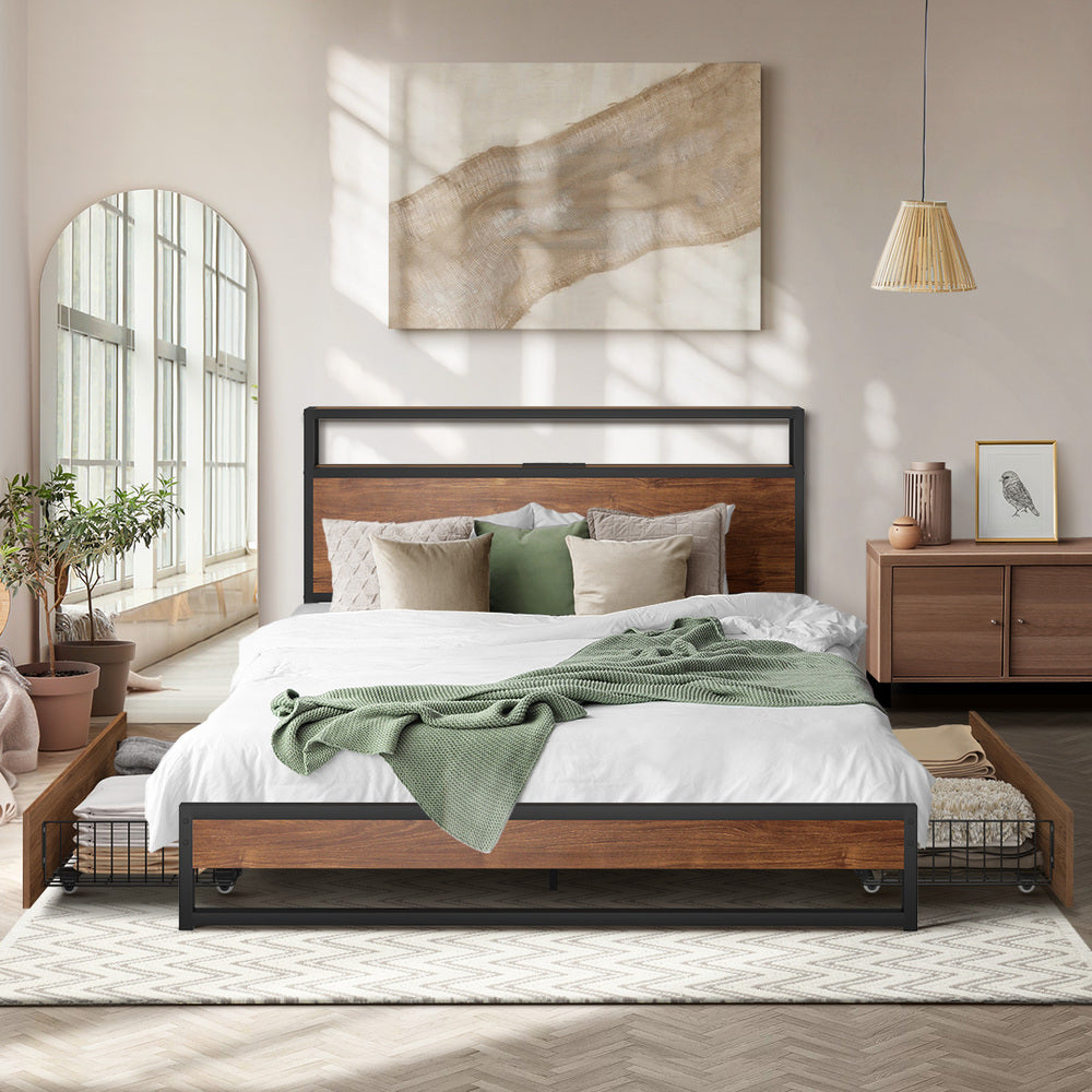 Oikiture Metal Bed Frame Double LED Storage Headboard USB Charging & 2 Drawers