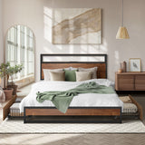 Oikiture Metal Bed Frame Double LED Storage Headboard USB Charging & 2 Drawers
