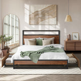 Oikiture Metal Bed Frame Double LED Storage Headboard USB Charging & 2 Drawers - Low Angle