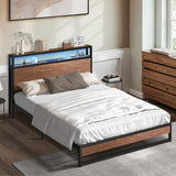 Oikiture Metal Bed Frame Double Size LED Storage Headboard USB Charge - Rear View
