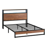 Oikiture Metal Bed Frame Double Size LED Storage Headboard USB Charge - Close-Up Angle