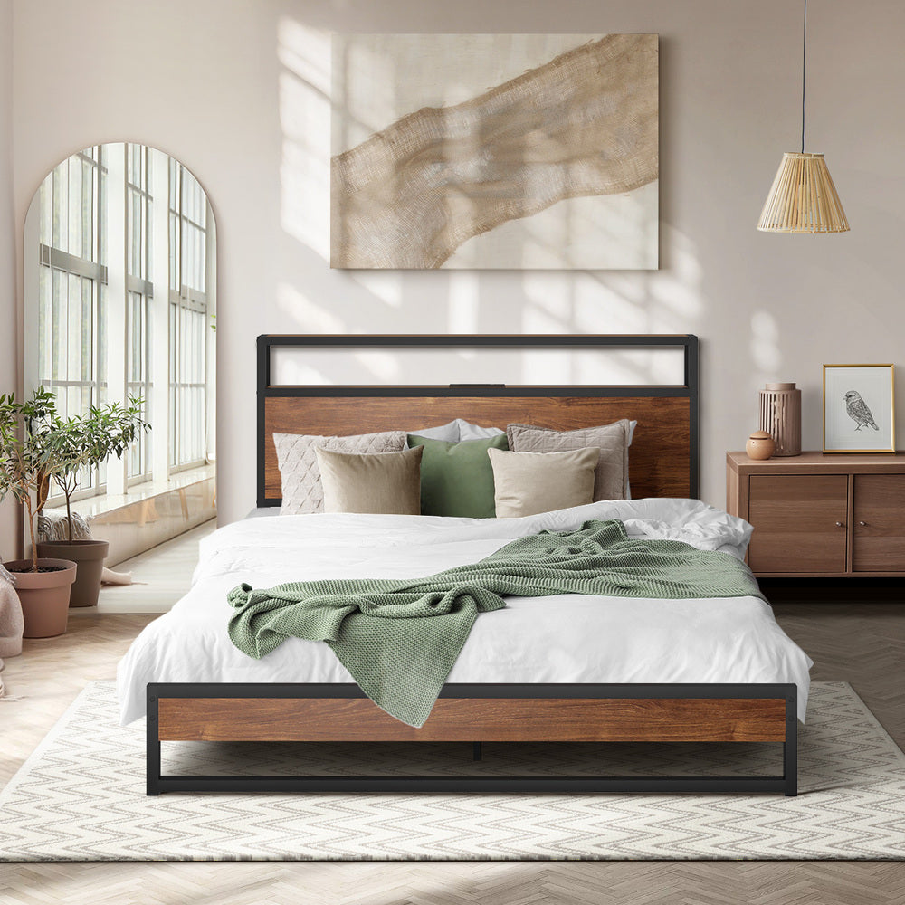 Oikiture Metal Bed Frame Double Size LED Storage Headboard USB Charge