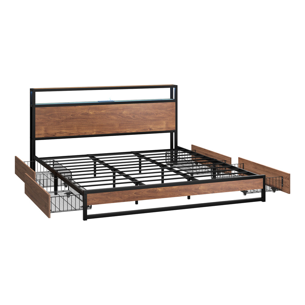 Oikiture Metal Bed Frame King LED Storage Headboard USB Charging & 4 Drawers