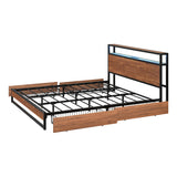 Oikiture Metal Bed Frame King LED Storage Headboard USB Charging & 4 Drawers - Rear View