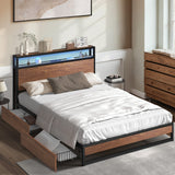 Oikiture Metal Bed Frame Queen LED Storage Headboard USB Charging & 4 Drawers - Side View