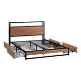 Oikiture Metal Bed Frame Queen LED Storage Headboard USB Charging & 4 Drawers - Close-Up Angle