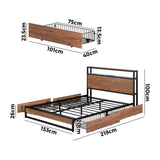 Oikiture Metal Bed Frame Queen LED Storage Headboard USB Charging & 4 Drawers - Rear View