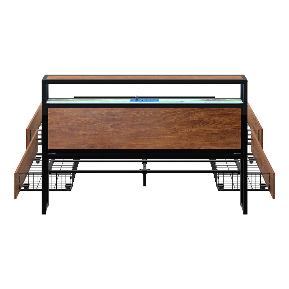 Oikiture Metal Bed Frame Queen LED Storage Headboard USB Charging & 4 Drawers