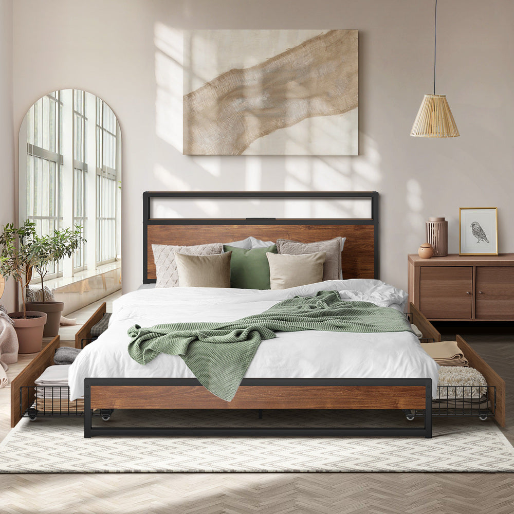 Oikiture Metal Bed Frame Queen LED Storage Headboard USB Charging & 4 Drawers