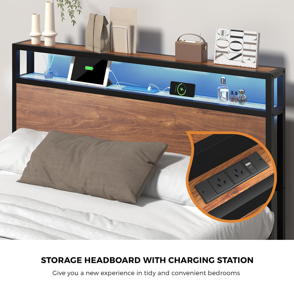 Oikiture Metal Bed Frame Queen LED Storage Headboard USB Charging & 4 Drawers