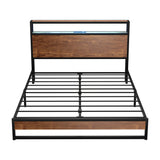 Oikiture Metal Bed Frame Queen Size LED Storage Headboard USB Charge - Front View