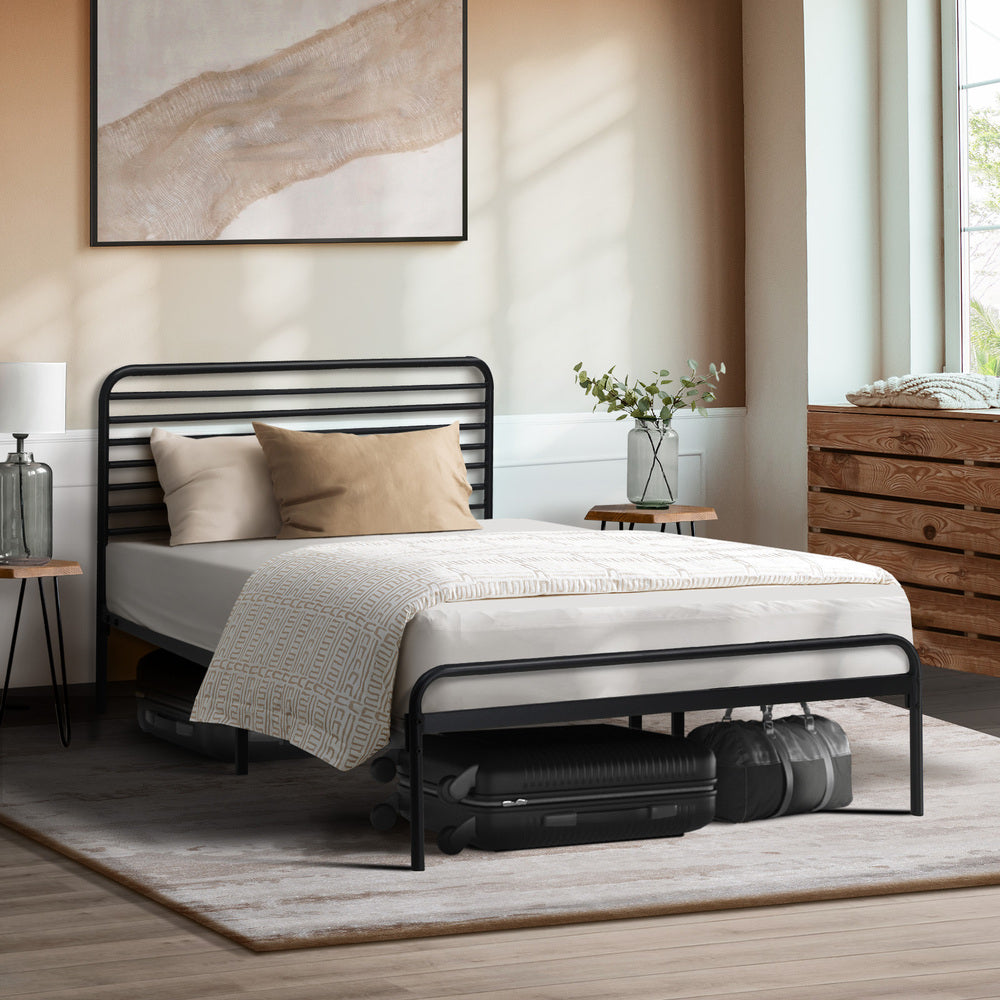 Oikiture King Single Metal Bed Frame Railing-style Black