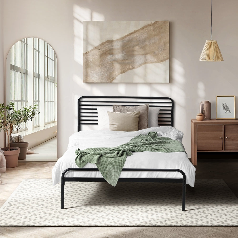 Oikiture King Single Metal Bed Frame Railing-style Black