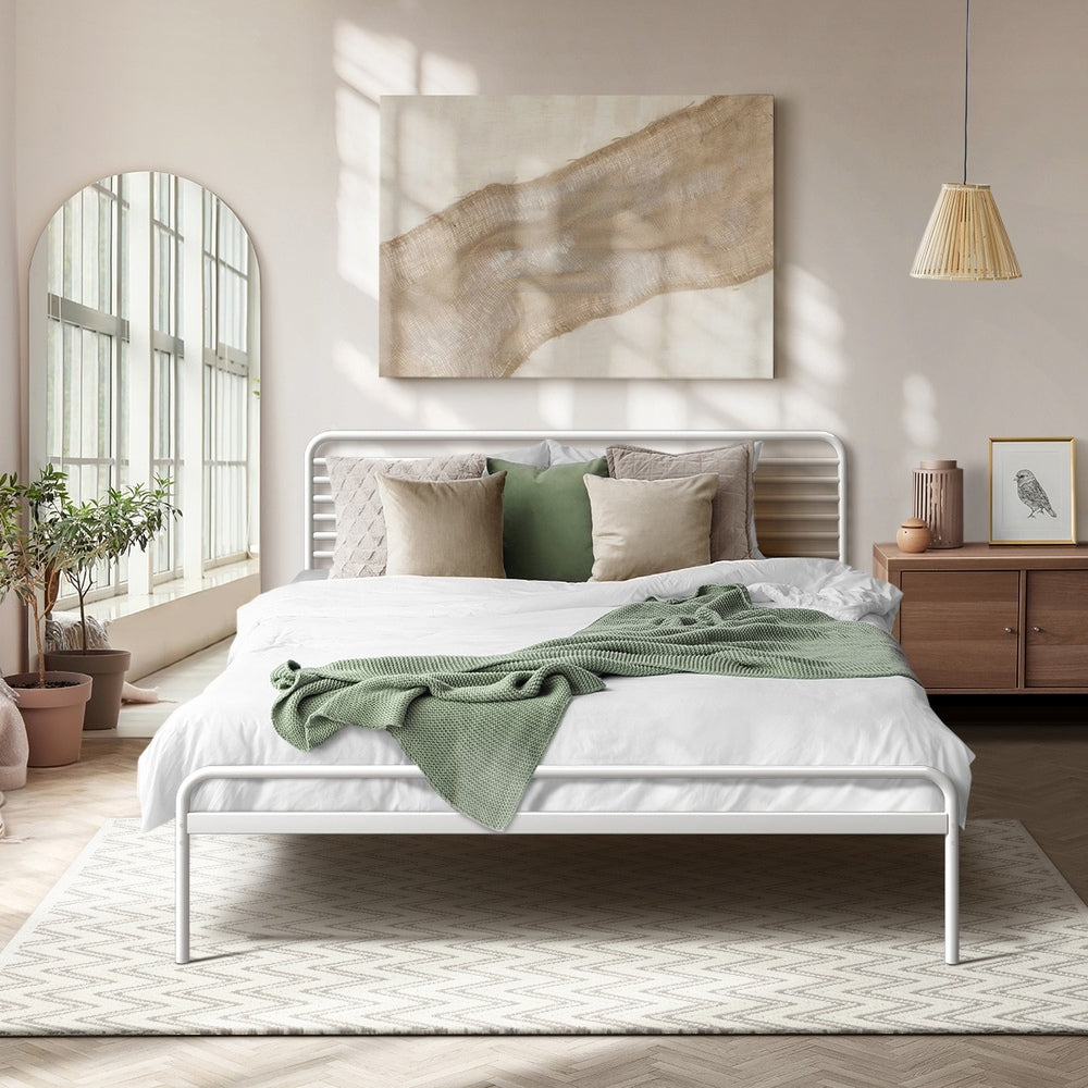 Oikiture Metal Bed Frame Queen Size Platform White