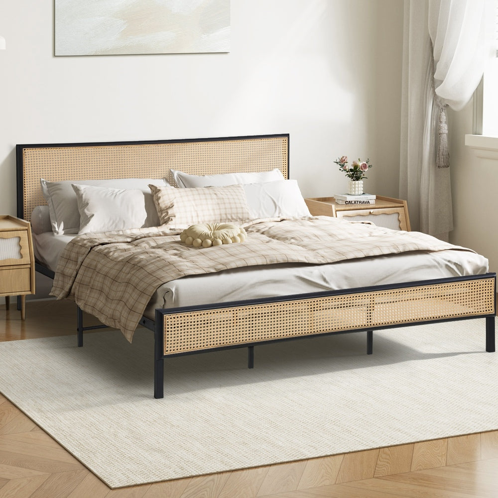 Oikiture Metal Bed Frame King Size with Rattan Board