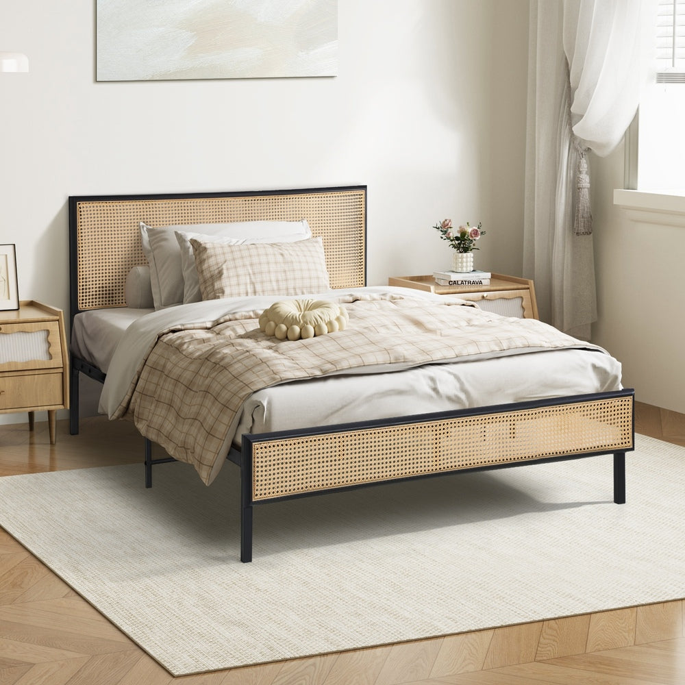 Oikiture Metal Bed Frame Single Size with Rattan Board