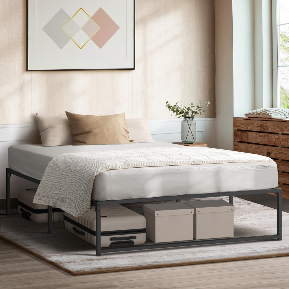 Oikiture Metal Bed Frame Queen Size Beds Platform Black