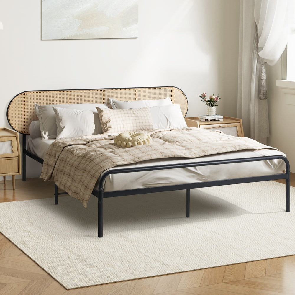 Oikiture Bed Frame Double Metal Base Rattan Headboard
