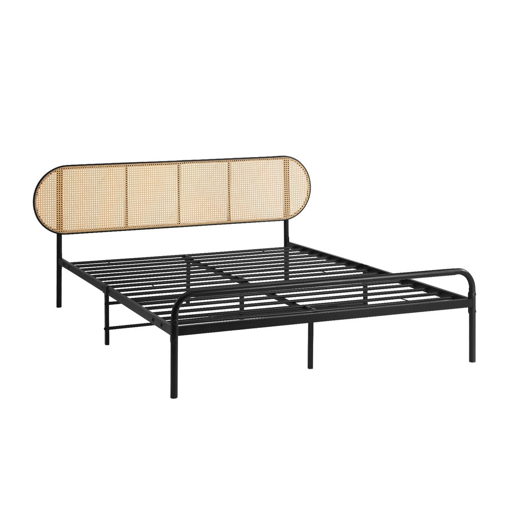Oikiture Bed Frame Double Metal Base Rattan Headboard