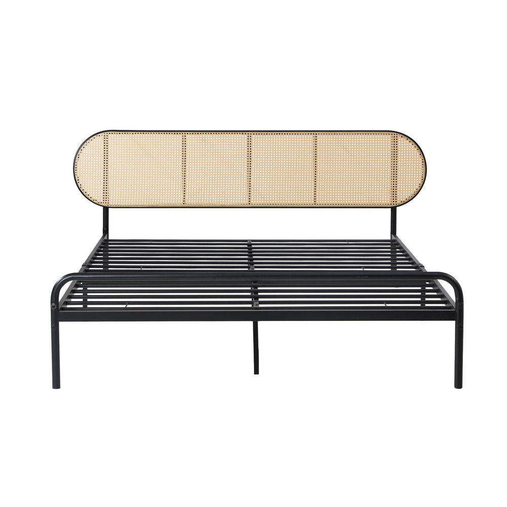 Oikiture Bed Frame Double Metal Base Rattan Headboard