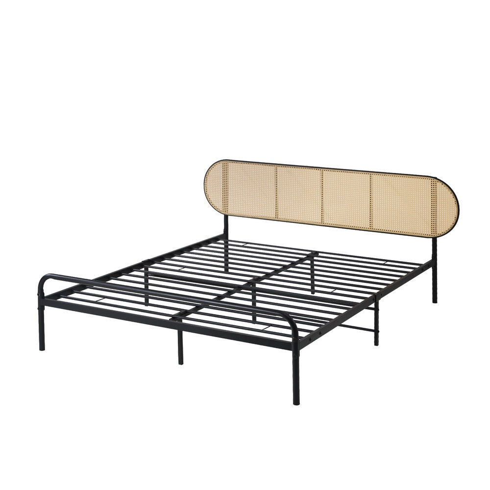 Oikiture Bed Frame Double Metal Base Rattan Headboard