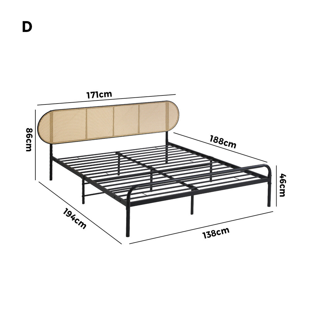 Oikiture Bed Frame Double Metal Base Rattan Headboard