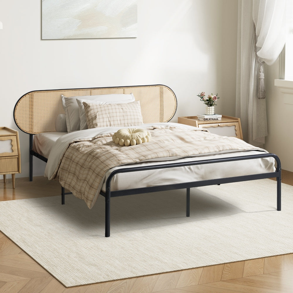 Oikiture Bed Frame King Single Metal Base Rattan Headboard