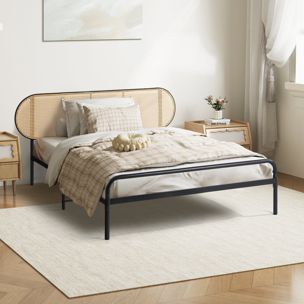 Oikiture Bed Frame Single Metal Base Rattan Headboard