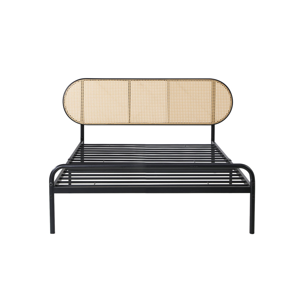 Oikiture Bed Frame Single Metal Base Rattan Headboard
