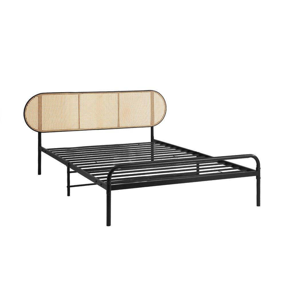 Oikiture Bed Frame Single Metal Base Rattan Headboard