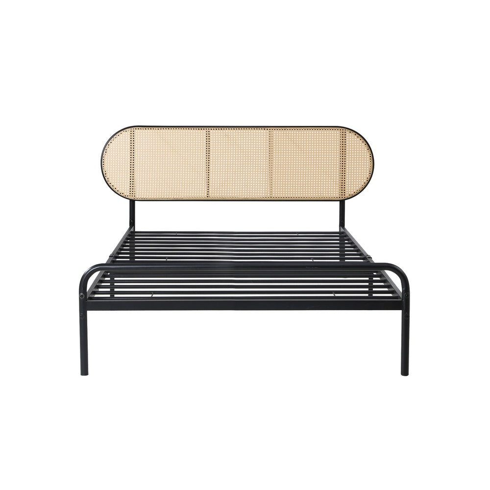 Oikiture Bed Frame Single Metal Base Rattan Headboard