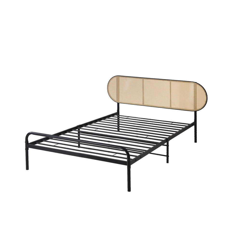 Oikiture Bed Frame Single Metal Base Rattan Headboard