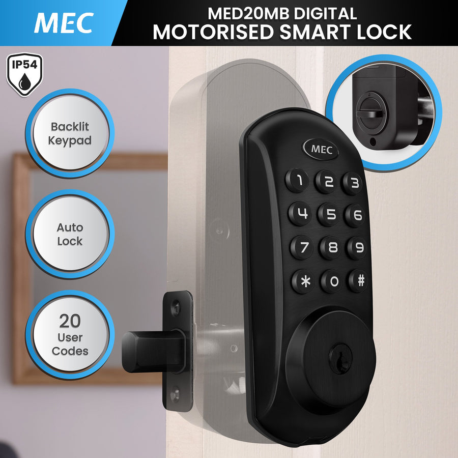 MEC Digital Motorised Smart Lock 20 User Codes Auto-Lock Backlit Keypad Matte Black