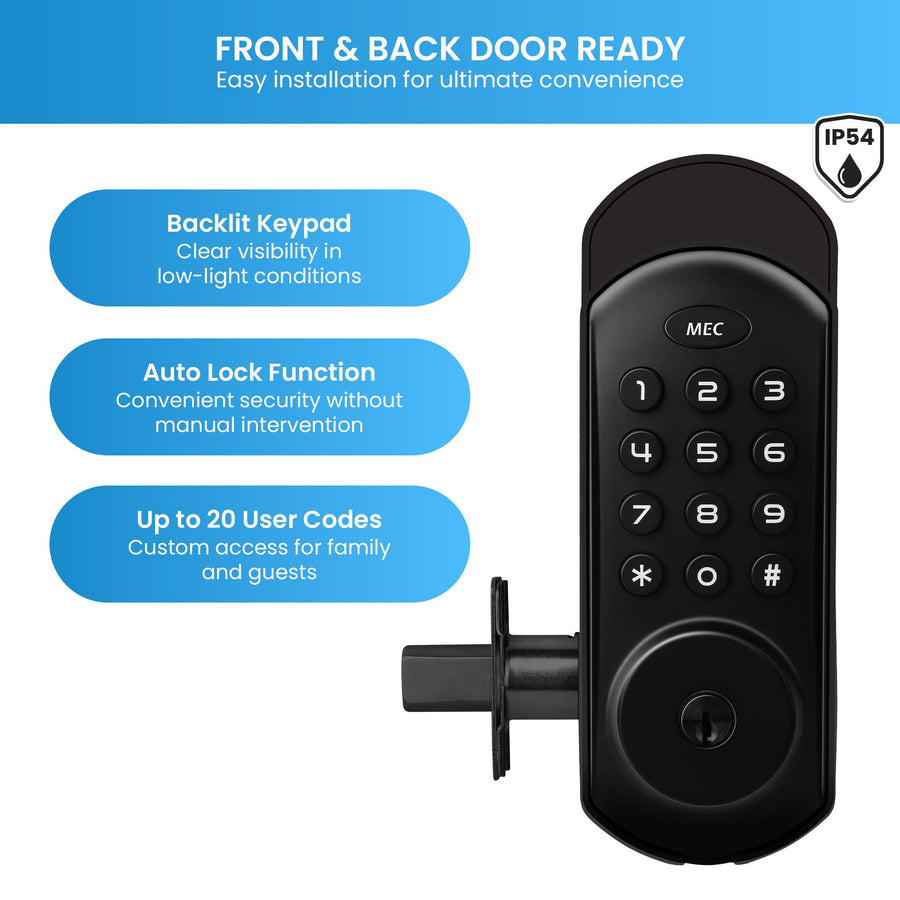 MEC Digital Motorised Smart Lock 20 User Codes Auto-Lock Backlit Keypad Matte Black
