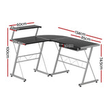 Artiss Computer Desk L-Shape Keyboard Tray Shelf Black - Front View