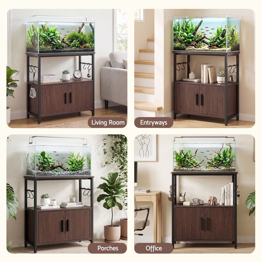Artiss 20 Gallon Fish Tank Stand 3-Tier Aquarium Stand with Storage Cabinet and Open Shelf Walnut