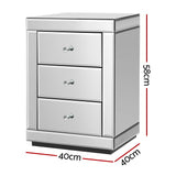 Artiss Set of 2 Bedside Table 3 Drawers Mirrored Glass - PRESIA Silver - Front View