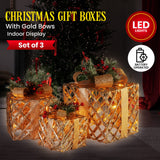 Christabelle Set of 3 Christmas Gift Boxes Display With Lights in Champagne and Gold - Front View