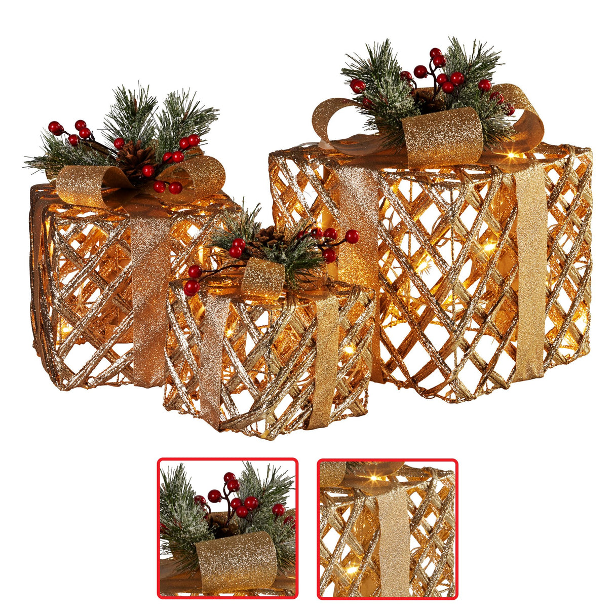Christabelle Set of 3 Christmas Gift Boxes Display With Lights in Champagne and Gold