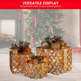 Christabelle Set of 3 Christmas Gift Boxes Display With Lights in Champagne and Gold - Rear View
