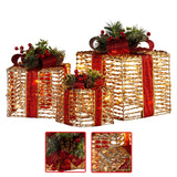 Christabelle Set of 3 Christmas Gift Boxes with Lights - Champagne with Red Bows - 45-Degree Angle