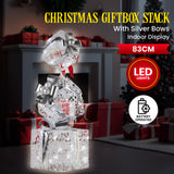 Christabelle 83cm Triple Christmas Silver Giftbox Stack Display with Lights - Front View