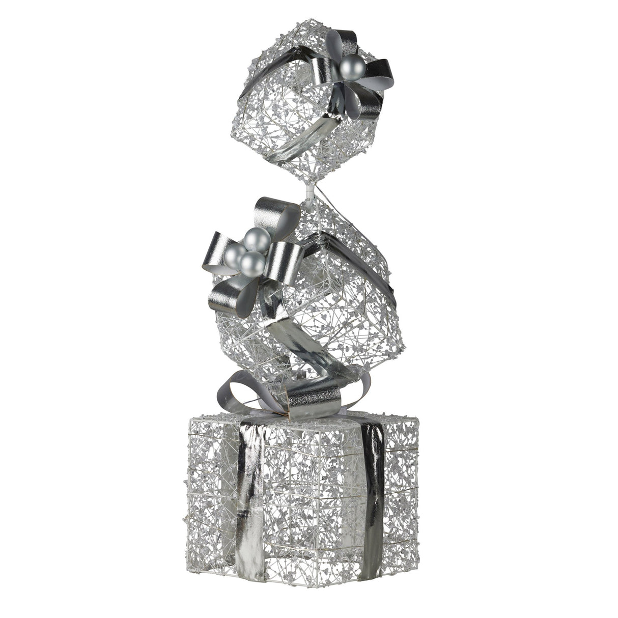 Christabelle 83cm Triple Christmas Silver Giftbox Stack Display with Lights