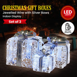 Christabelle Set of 3 Christmas Gift Boxes Display With Lights Jewelled Wire and Silver Bows